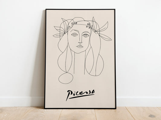 Picasso - Guerra y paz, mujer, cartel de exposición de arte lineal vintage, dibujo lineal minimalista, decoración ideal para el hogar o impresión de regalo