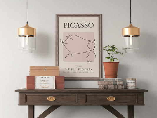 Picasso - El cerdo, cartel de exposición de arte lineal vintage, dibujo lineal minimalista, decoración ideal para el hogar o impresión de regalo