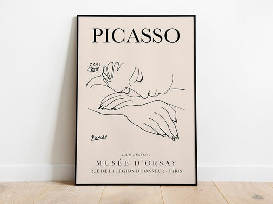 Picasso - Dama descansando, cartel de arte lineal vintage de exposición, dibujo lineal minimalista, decoración ideal para el hogar o impresión de regalo