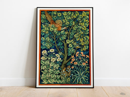 Póster de exposición de William Morris, gallo faisán, impresión de William Morris, Art Nouveau, gallo faisán, fondo de tela con textura, decoración del hogar