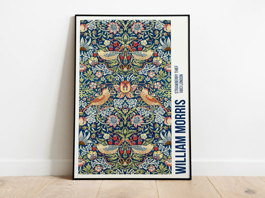 Póster de la exposición de William Morris, grabado de William Morris, Art Nouveau, Strawberry Thieves, fondo con textura de tela, estilo victoriano, decoración del hogar