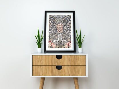 Póster de la exposición de William Morris, impresión de William Morris, Art Nouveau, patrón de madreselva, fondo con textura de tela, decoración del hogar, estilo victoriano