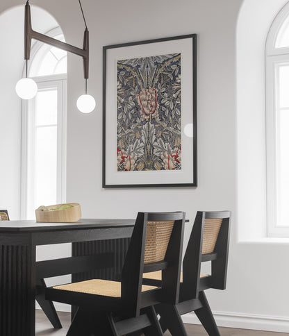 Póster de la exposición de William Morris, impresión de William Morris, Art Nouveau, patrón de madreselva, fondo con textura de tela, decoración del hogar, estilo victoriano