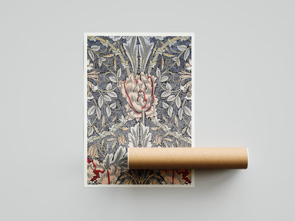 Póster de la exposición de William Morris, impresión de William Morris, Art Nouveau, patrón de madreselva, fondo con textura de tela, decoración del hogar, estilo victoriano