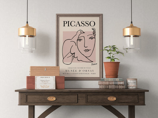 Póster de arte lineal vintage de la exposición de Picasso con dibujo lineal minimalista, ideal para decoración del hogar o regalo