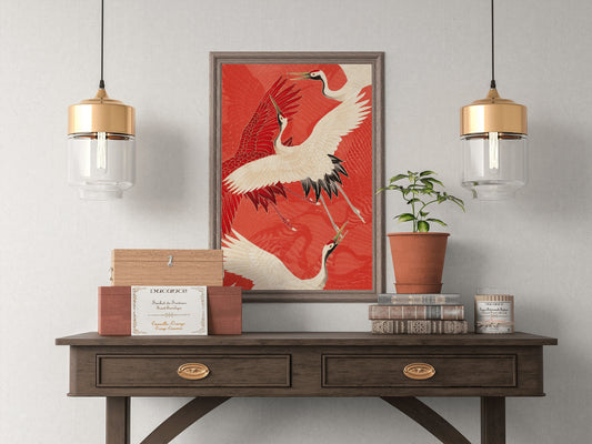 Póster japonés vintage con ilustración de pájaro grulla, impresión artística, decoración del hogar