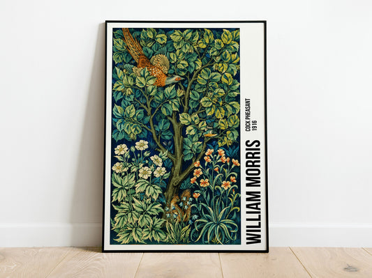 Póster de exposición de William Morris, gallo faisán, impresión de William Morris, Art Nouveau, gallo faisán, fondo de tela con textura, decoración del hogar