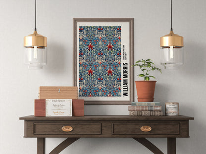 William Morris Snakeshead Pattern Exhibition Poster, William Morris Print, Art Nouveau, Victorian, Fabric Textured Background, Home Decor