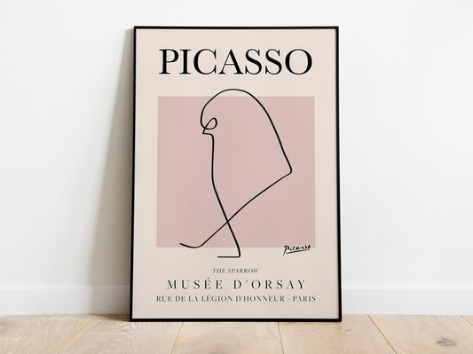 Picasso - Gorrión, cartel de arte lineal vintage de exposición, dibujo lineal minimalista de El elefante, impresión ideal para decoración del hogar o regalo