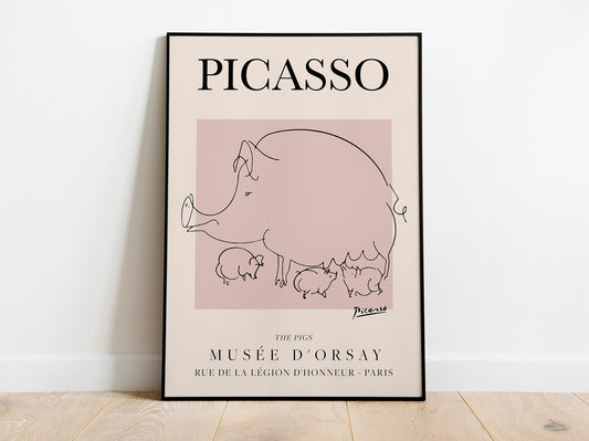 Picasso - Los cerdos, cartel de exposición de arte lineal vintage, dibujo lineal minimalista, decoración ideal para el hogar o impresión de regalo