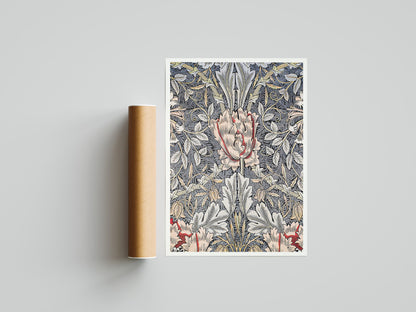 Póster de la exposición de William Morris, impresión de William Morris, Art Nouveau, patrón de madreselva, fondo con textura de tela, decoración del hogar, estilo victoriano