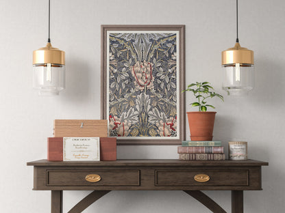 Póster de la exposición de William Morris, impresión de William Morris, Art Nouveau, patrón de madreselva, fondo con textura de tela, decoración del hogar, estilo victoriano