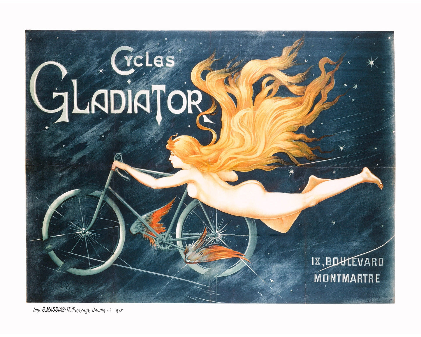 Vintage French bicycle advertisement | Gladiator Cycles | Montmartre, France | Sport and fantasy wall decor | Modern Vintage decor