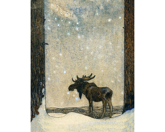 Alce bajo el cielo estrellado | El alce | Bosque navideño | Ilustración de cuentos de hadas | Auroras boreales en el arte | Arte mural de fantasía | Arte de John Bauer