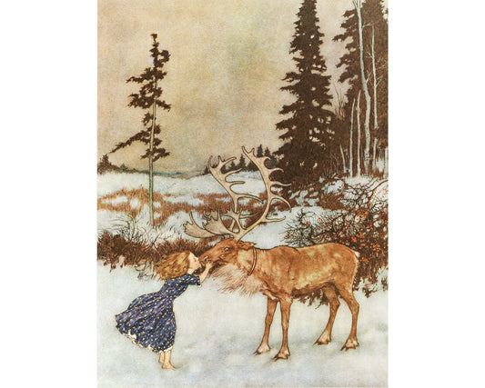 Dulce niña besando a un reno | Gerda y el reno | Bosque navideño | Ilustración del libro de Edmund Dulac | Arte mural de fantasía