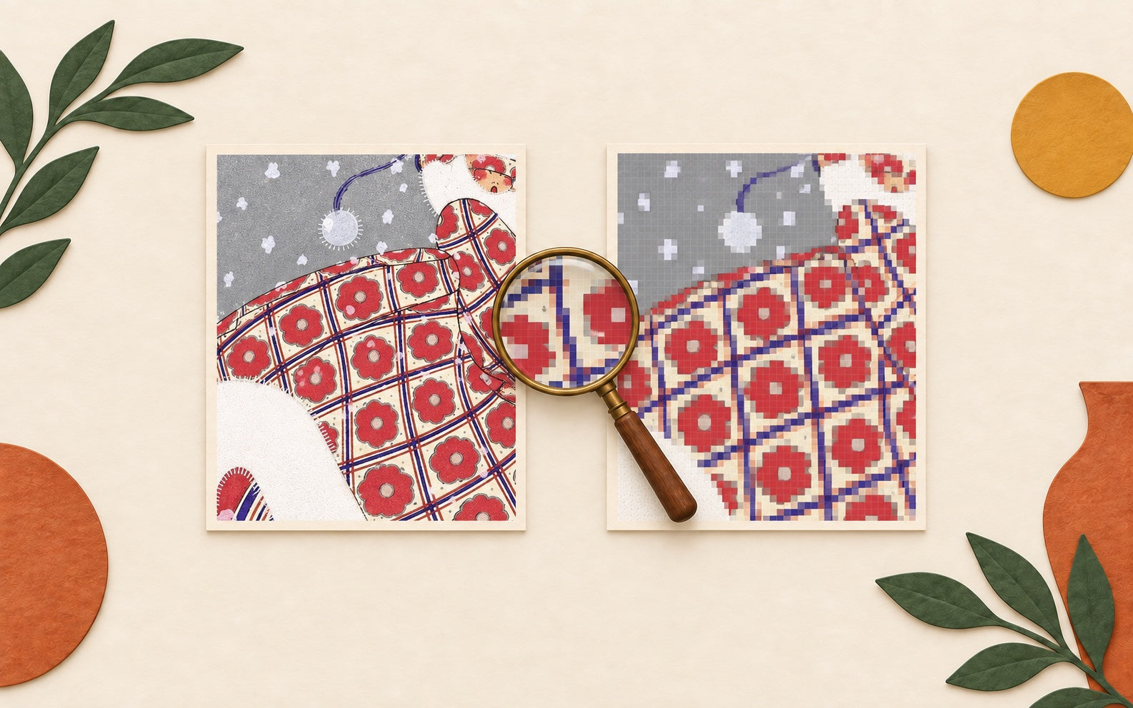 Fine and coarse pixel details from the same RPS French fashion print illustrate a resolution comparison.