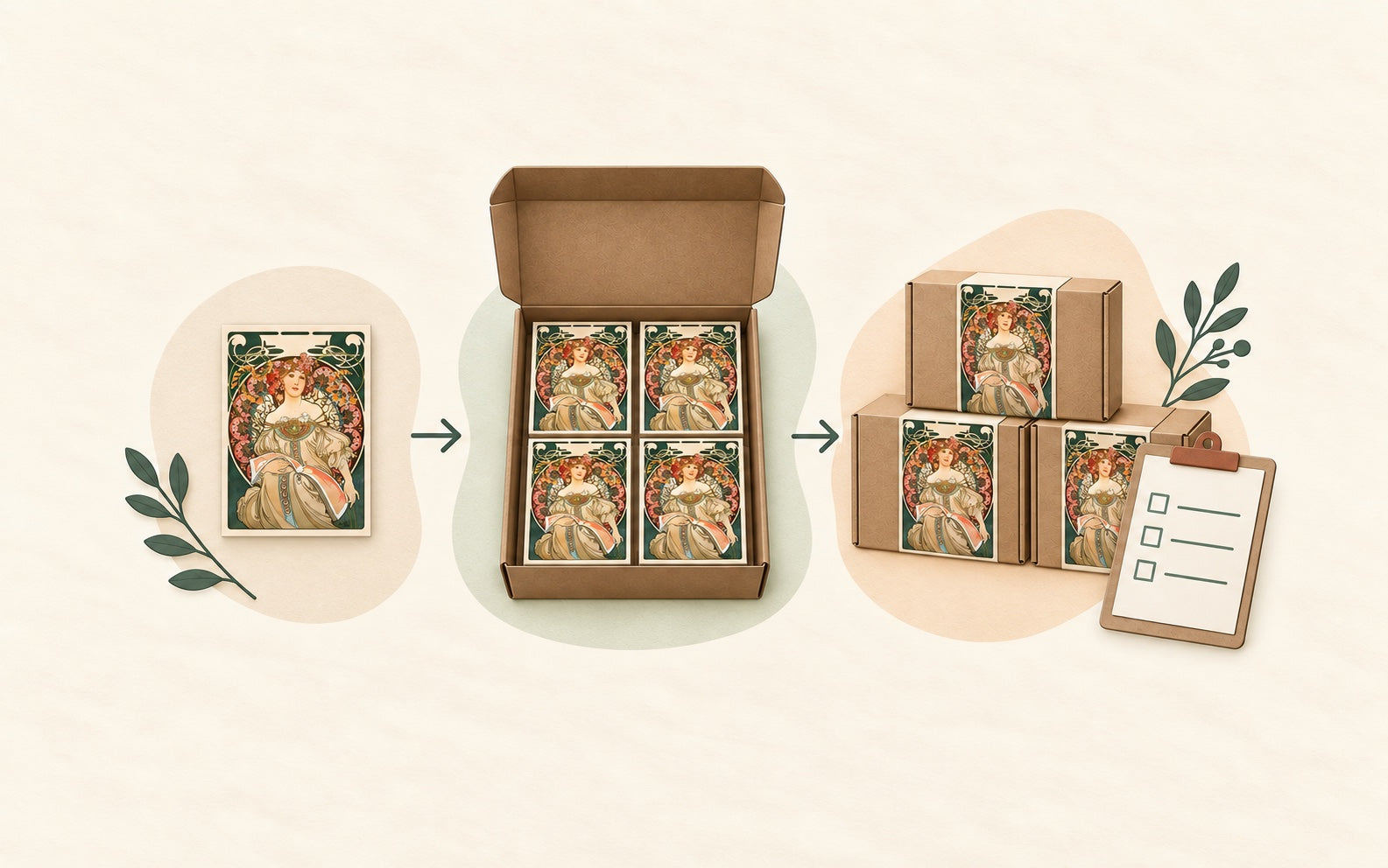 Mucha Reverie from the RPS catalog appears as one print, four copies in a case and carton labels.