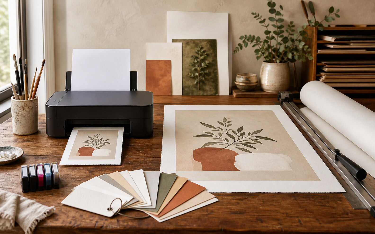 A compact home printer and large-format print setup compare small and professional art printing