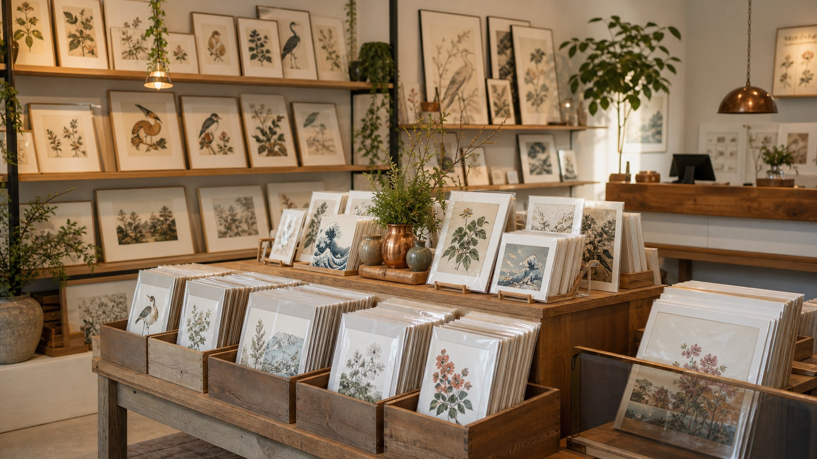 Organized art print bins suitable for a museum store retail counter